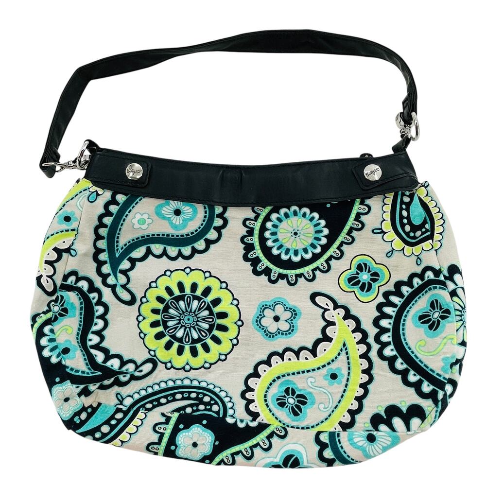 Thirty-One White Green Yellow Paisley Fabric 70s Vibe Boho Hippie Hobo Bag